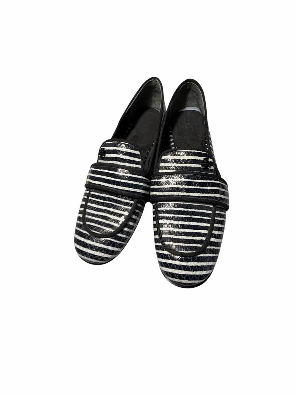Tory Burch Evette Penny Loafers Striped Black & White Leather Loafers Sz 5.5